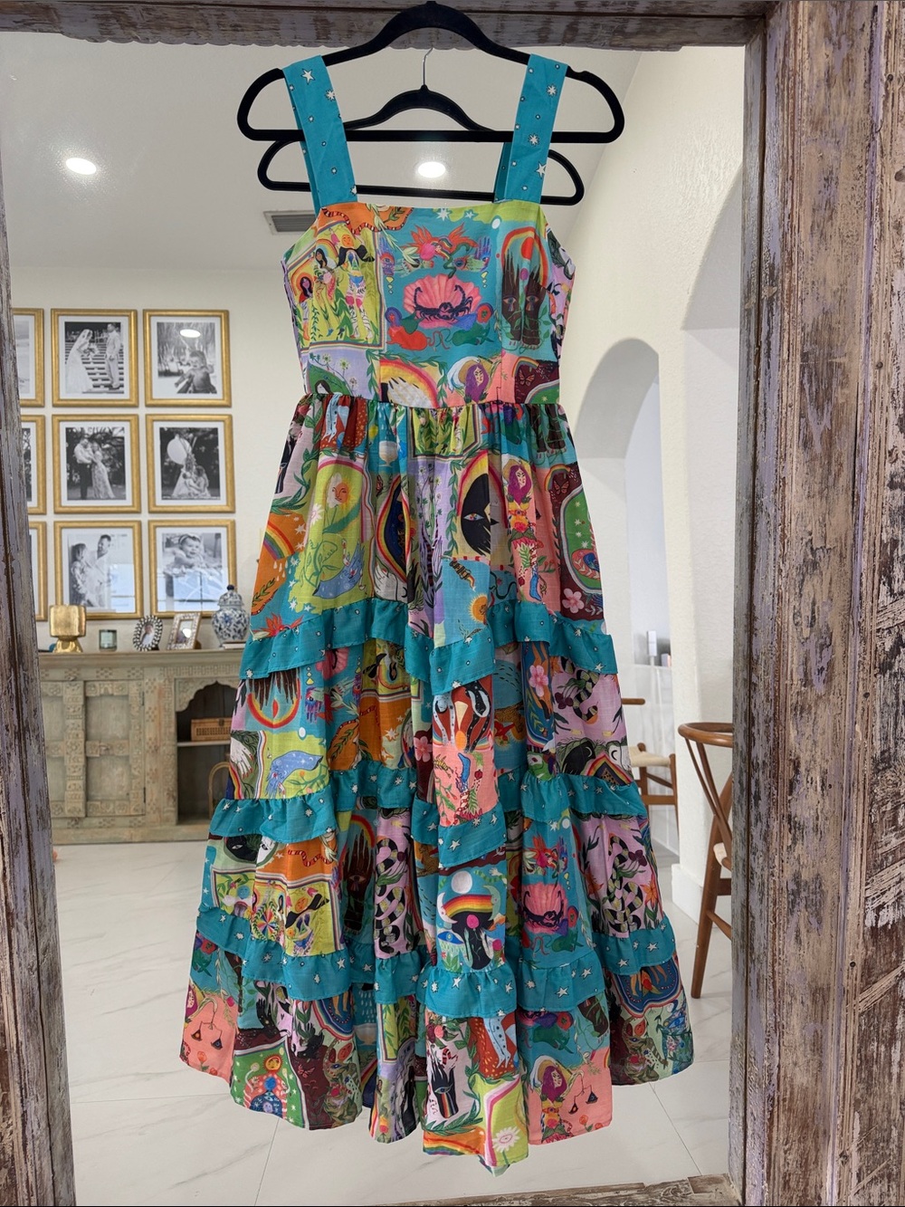 Stunning Women’s Tiered Patterned Midi Dress in Multicolor Teal Accents